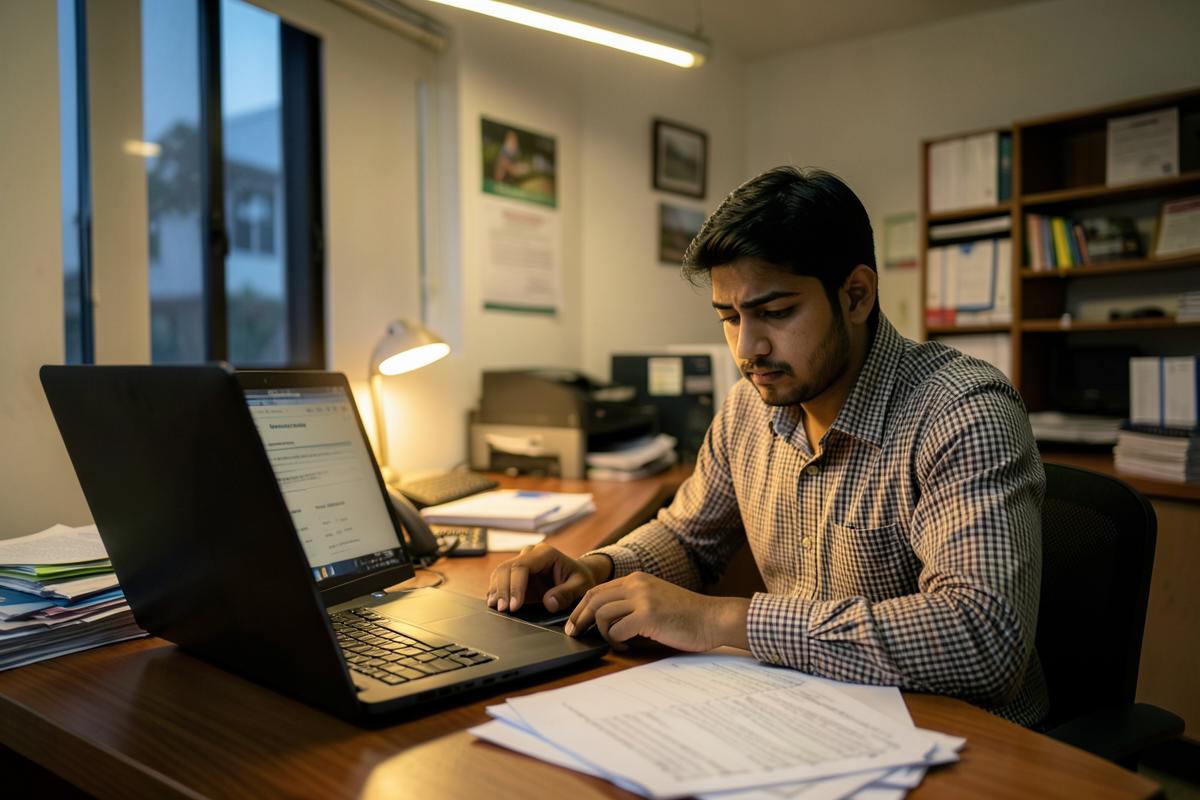 A sales executive in an Indian office working through lead sheets at dusk